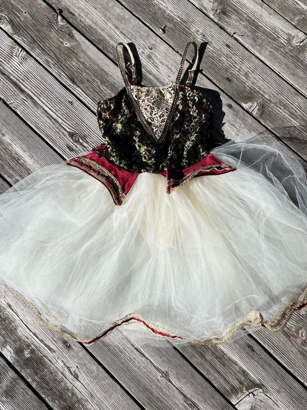 Revolution Dancewear maroon + gold lace bust + ivory tulle skirt mini dress